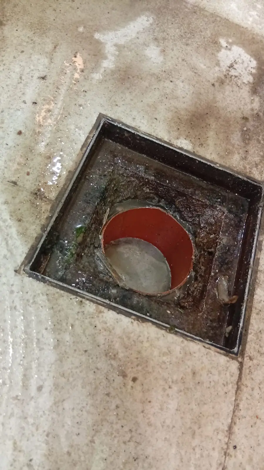 Boca de desagote cloacal abierta y destapada en el piso de un local comercial